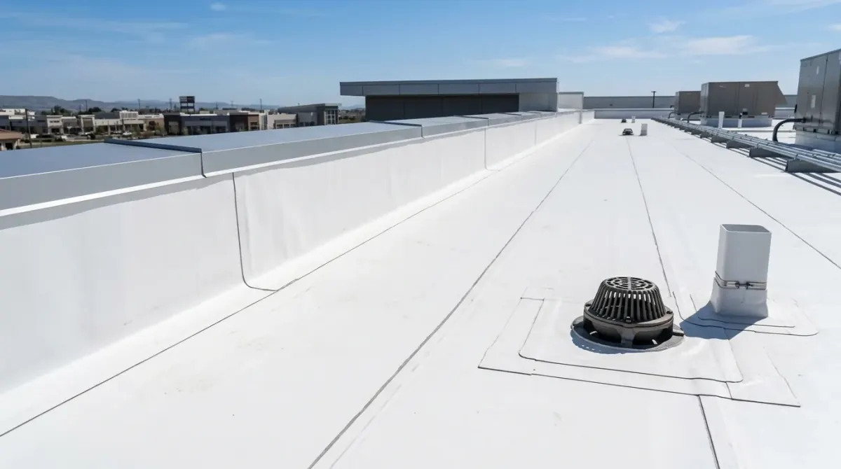 Commercial Roofing Contractor heat-welding white single-ply TPO roof membrane along parapet wall