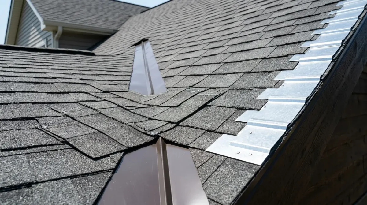 Professional Roofing Contractor conducting comprehensive roof inspection for granule loss and flashing leaks